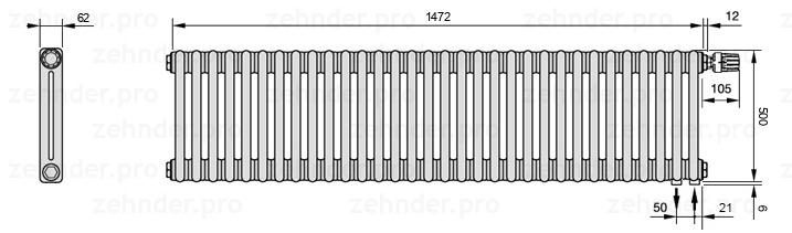 Схема (чертеж) Радиатор Zehnder Charleston 2050/32 №V002 Белый глянцевый RAL 9016